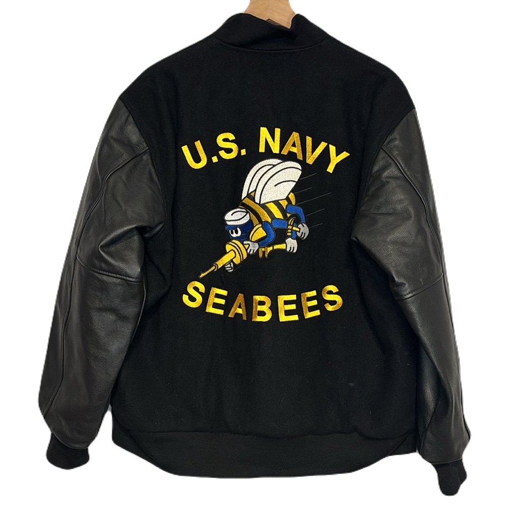 Rare Vintage U.S. Navy Seabees Leather Wool Embroidered Logo Letterman Jacket